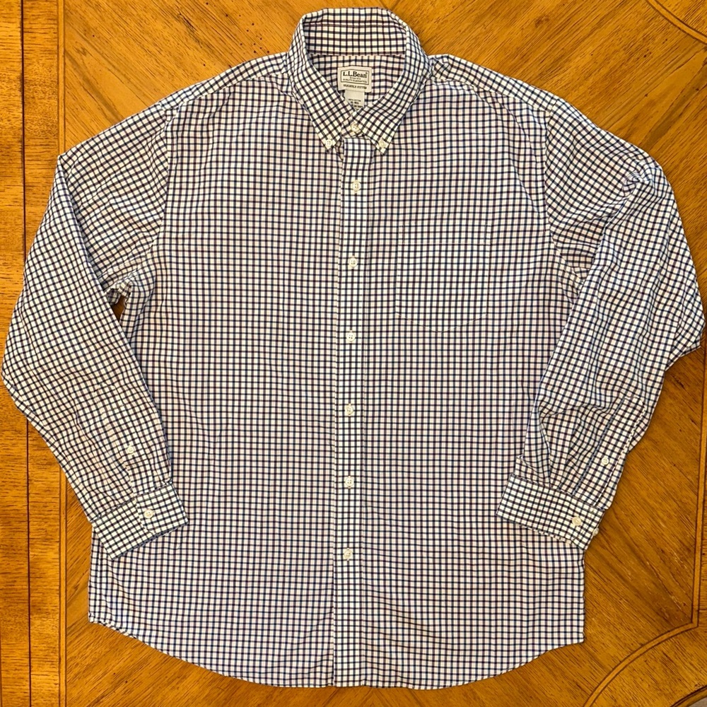 LL BEAN Shirt Mens Sz XL Blue White Button Up Plaid Extra Large Slightly Fitted